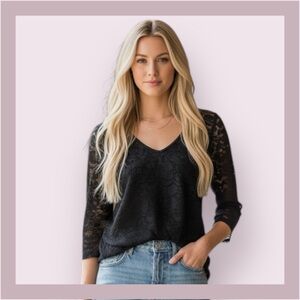 Green Envelope Los Angeles Black Lace 3/4 Sleeve Blouse Size S